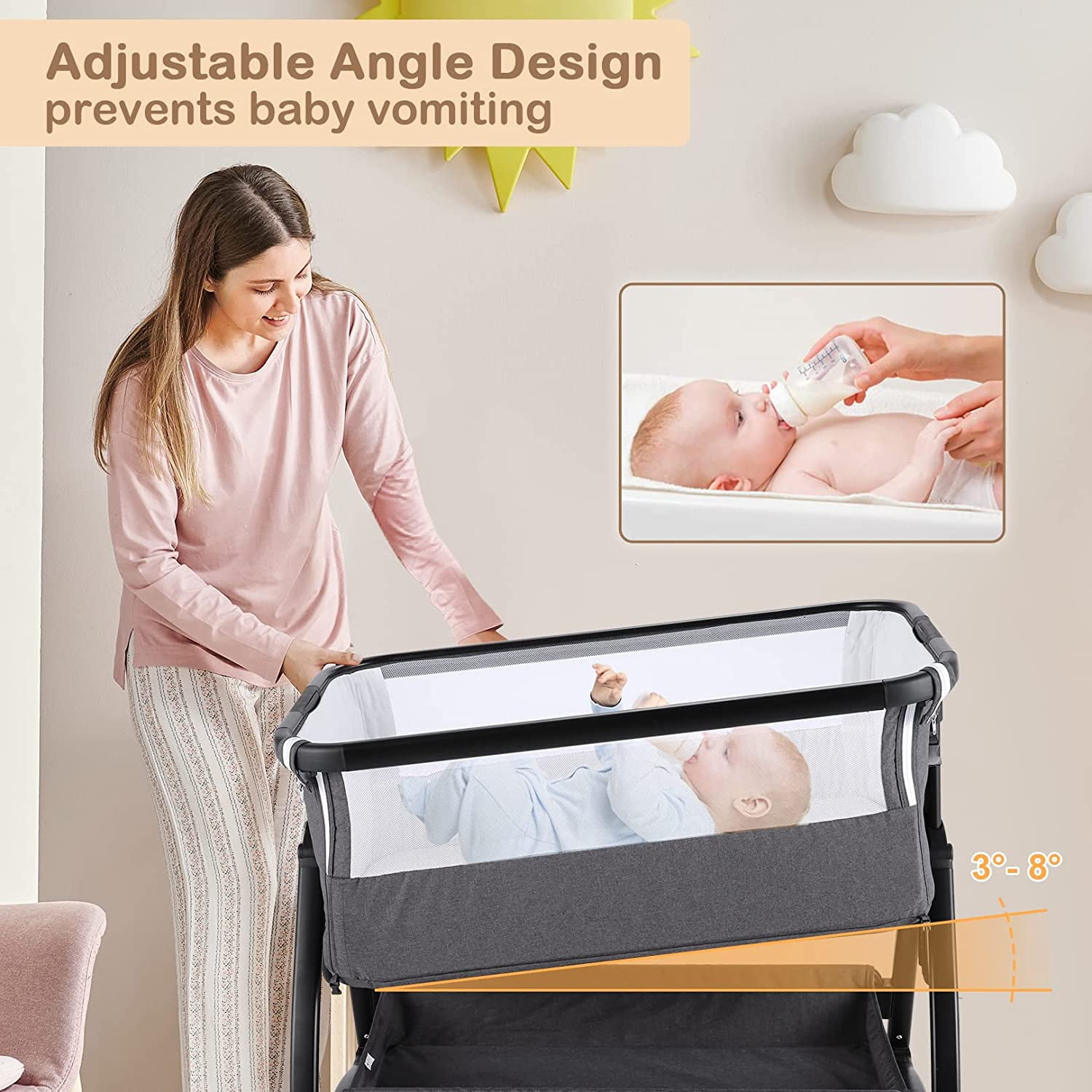 Adnoom 7-Level Adjustable Bassinet & Bedside Sleeper - Portable Infant Bed for Newborns 0-6 Months (Light Gray)