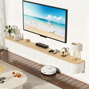 [JMGJOY] 94.5" Floating Wall Mounted TV Stand, Entertainment Center with Flip Down Doors & Storage Cabinets, White Body with Wood Top, for Living Room Bedroom