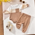 thumbnail image 2 of WUANDIXFA Baby Boy Clothes Color Block Ribbed Knitted Outfits Long Sleeve Romper+ Pants 2PCS Outfit 0-12 Months (Khaki, 6-12 Months), 2 of 9