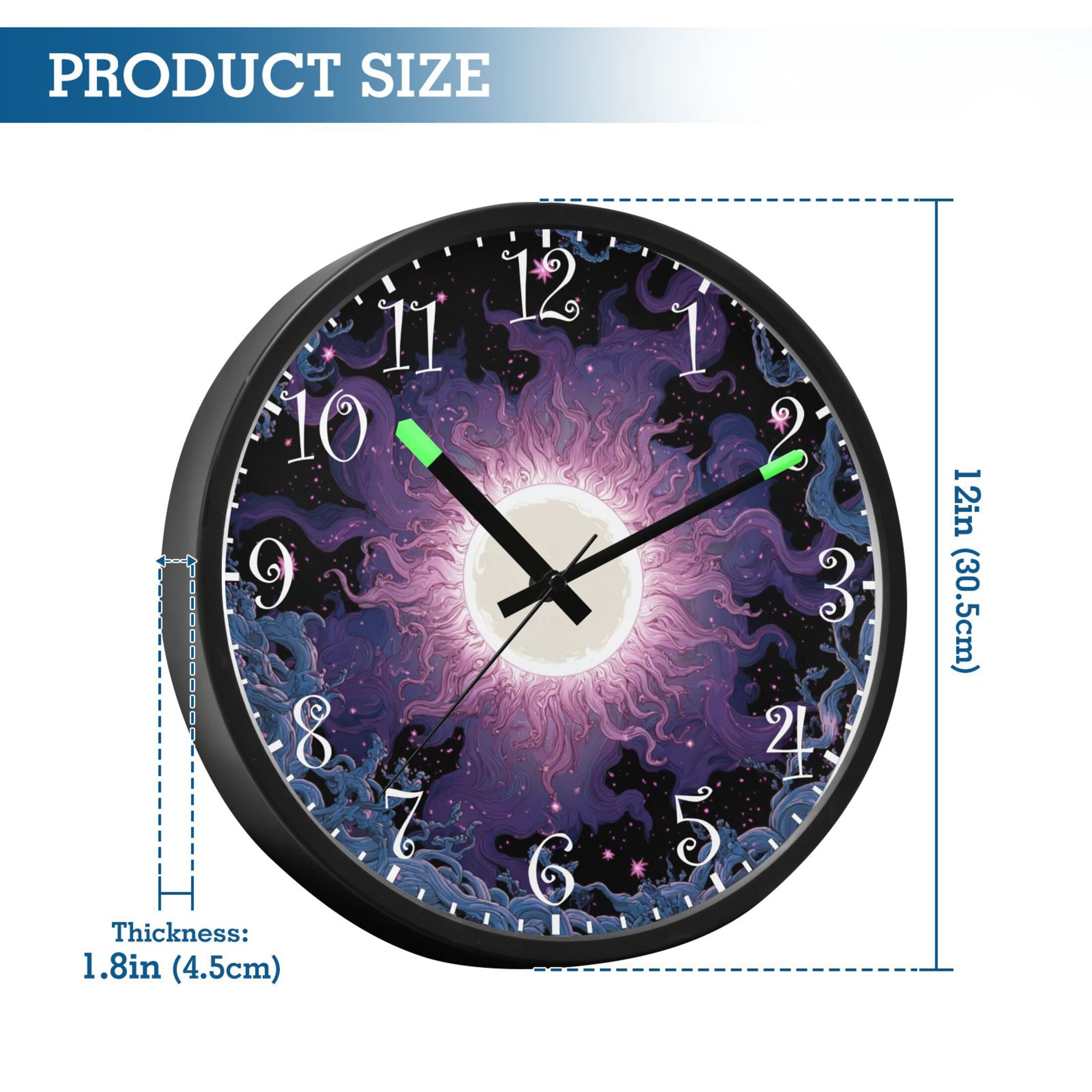 Voice Activated Clock with Glow Light 12 Inch Large Silent Wall Clock Battery Operated for Home Decor Solar Vortex
