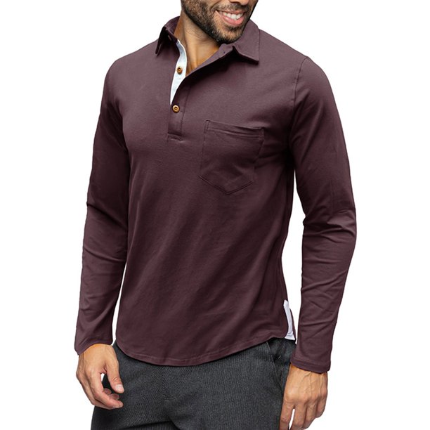 pstuiky Camisas de manga larga de invierno para hombre, Camiseta informal de manga larga para hombre, color liso, con solapa, estilo retro. Tops de talla grande para hombre m