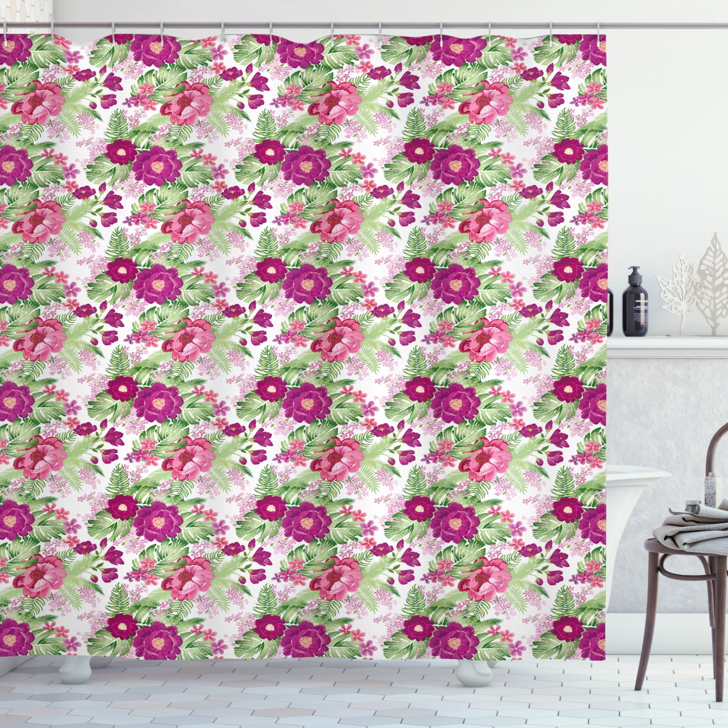 Exotic Shower Curtain, Tropical Plant Monstera Hibiscus Flower Coconut