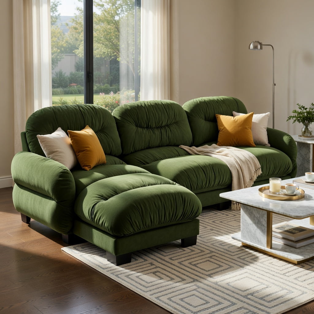 Hommoo Chenille L-Shaped Modular Sectional Sofa with Ottoman, 3-Seat Pleated Design & Ergonomic Foam Cushions, Includes 2 Round Throw Pillows, Green