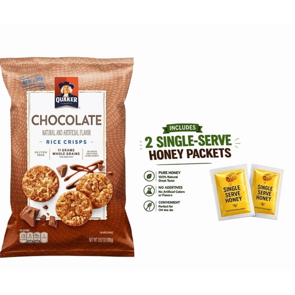 (PACK 1) Quaker Rice Cakes Chocolate Popped Snacks  3.52 oz, with two single serving honey