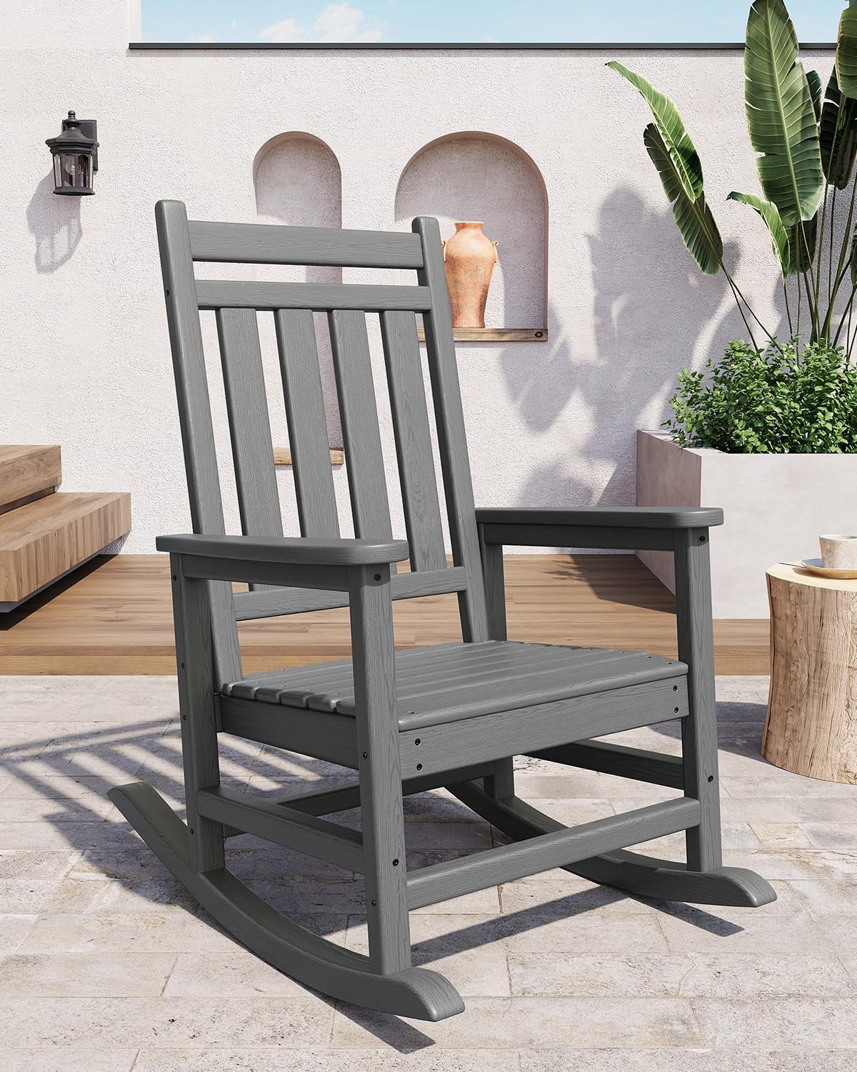 IdealHouse HDPE Weather-Resistant Rocking Adirondack Chair - 380LBS Heavy Duty, No Complex Assembly, Wood-Grain - Patio/Lawn/Outdoor (Grey, 1pcs)