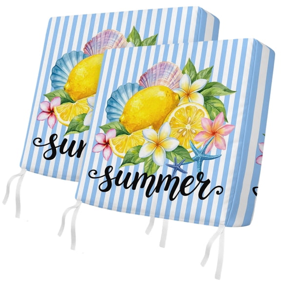 Outdoor Patio Cushion Covers 2 Pack Lemon Wreath Chair Pads Slipcovers with Ties & Zipper Waterproof Summer Fruit Starfish Shell Blue Stripes Seat Cushion Covers for Outdoor Couch Sofa 22x20 Inch
