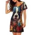 thumbnail image 2 of Balery Cute Colorful Flower French Bulldog Camisón de manga corta con cuello redondo para mujer, cómodo y elegante., 2 of 6