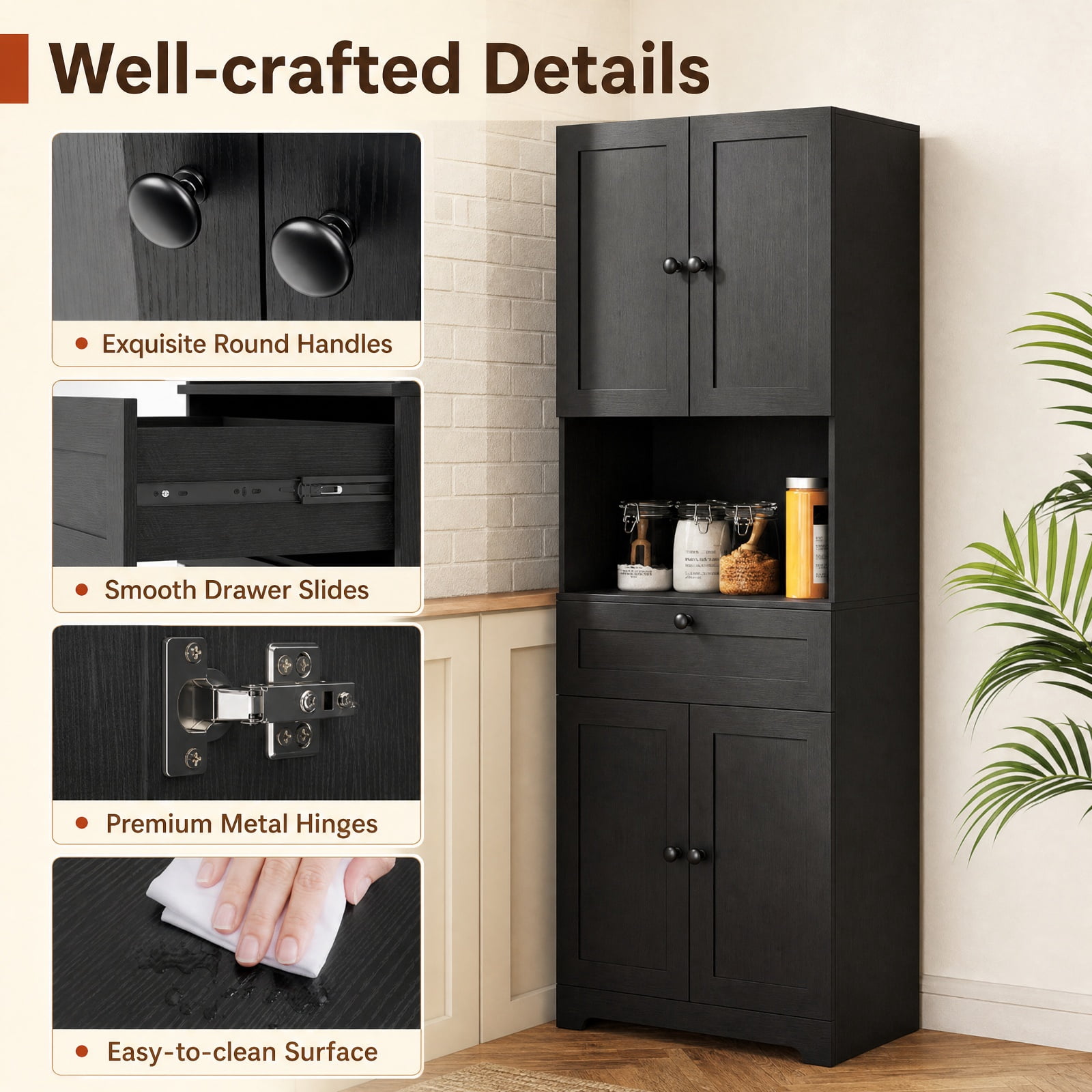 Furnibear 67.5 Inch Tall Modern Freestanding Floor Storage Cabinet with 4 Doors and 1 Drawer for Living Room Bedroom Entryway Hallway Storage, Black