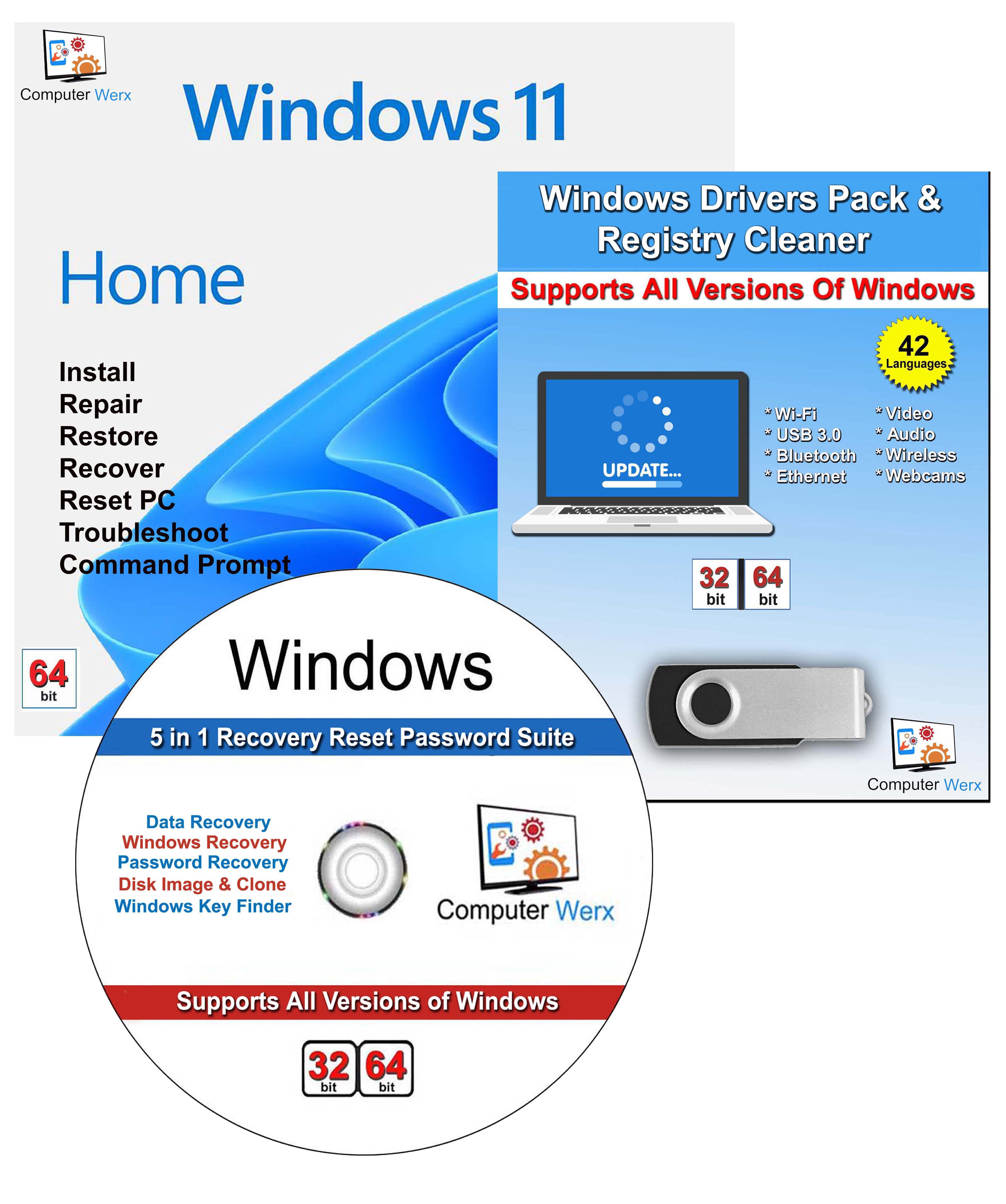 Computer Werx, Windows 11 Home OEM DVD, 64 Bit, Drivers Pack