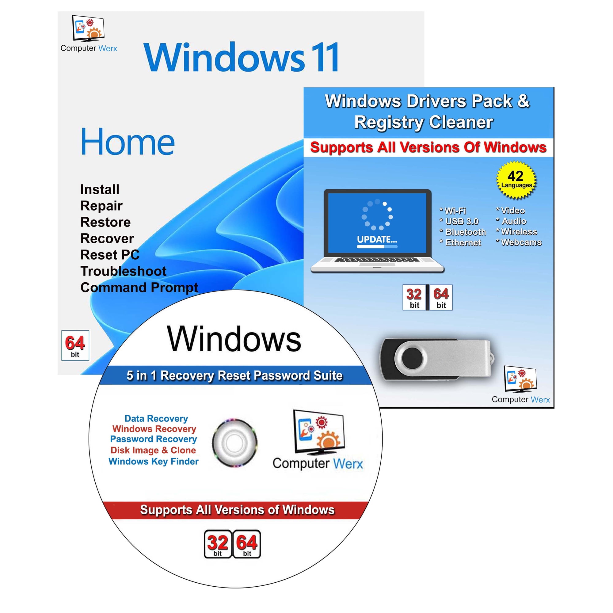 Computer Werx Windows 11 Home 64 Bit USB with Key Install Repair Recover Restore & Drivers Pack, 2 Pack