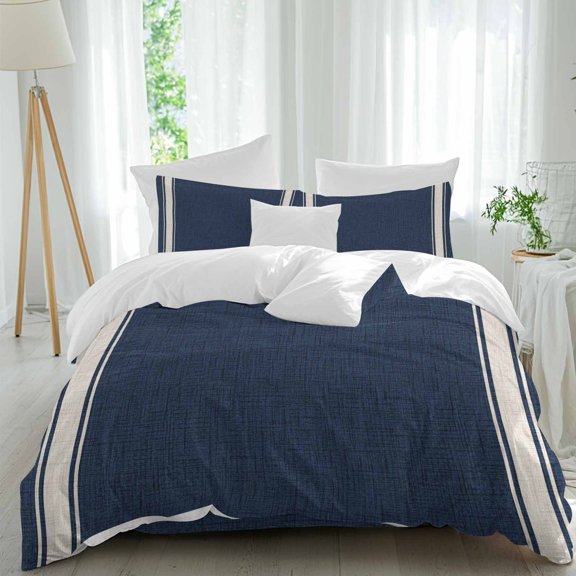 Dark Blue Twin Duvet Cover Set, Country Vintage Nautical Minimalist White Stripe Lines 4 Piece Microfiber Bedding Set with Zipper Closure, Bed Sheet and 2 Pillow Shams, Soft Bedding Cover