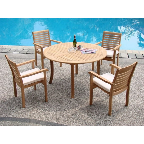 Teak Dining Set:4 Seater 5 Pc - 52" Round Table and 4 Hari Stacking Arm Chairs Outdoor Patio Grade-A Teak Wood WholesaleTeak #WMDSHR2