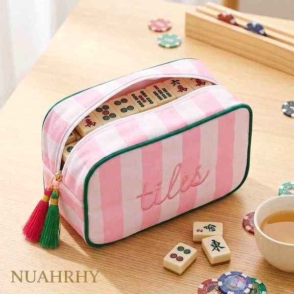 Mahjong Tile Bag for 166 Tiles, Portable Canvas Storage Pouch with Zipper and Tassel, Embroidered Organizer for Game Parties and Travel