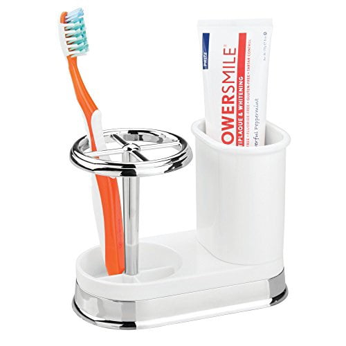 Compact Design Holds 4 Standard Toothbrushes mDesign Decorative Bathroom Dental Storage Organizer Holder Stand for Electric Spin Toothbrushes and Toothpaste for Countertops and Vanity White/Bronze 