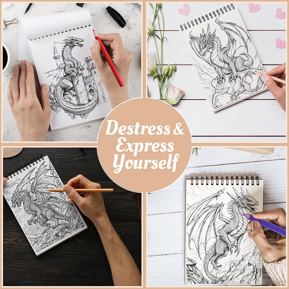 Netecom Fire Dragon Coloring Book Spiral Bound for Adults, A5 Wooden Cover, 30 Majestic Coloring Pages of Mighty Creatures for Stress Relief and Relaxation
