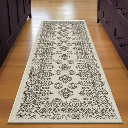 7 Ft Runner LR Home Infinity 2x7 Cream Brown Damask Floral Border Indoor Transitional Runner Rug - 2 ft. 1 in. x 7 ft. 5 in. ()