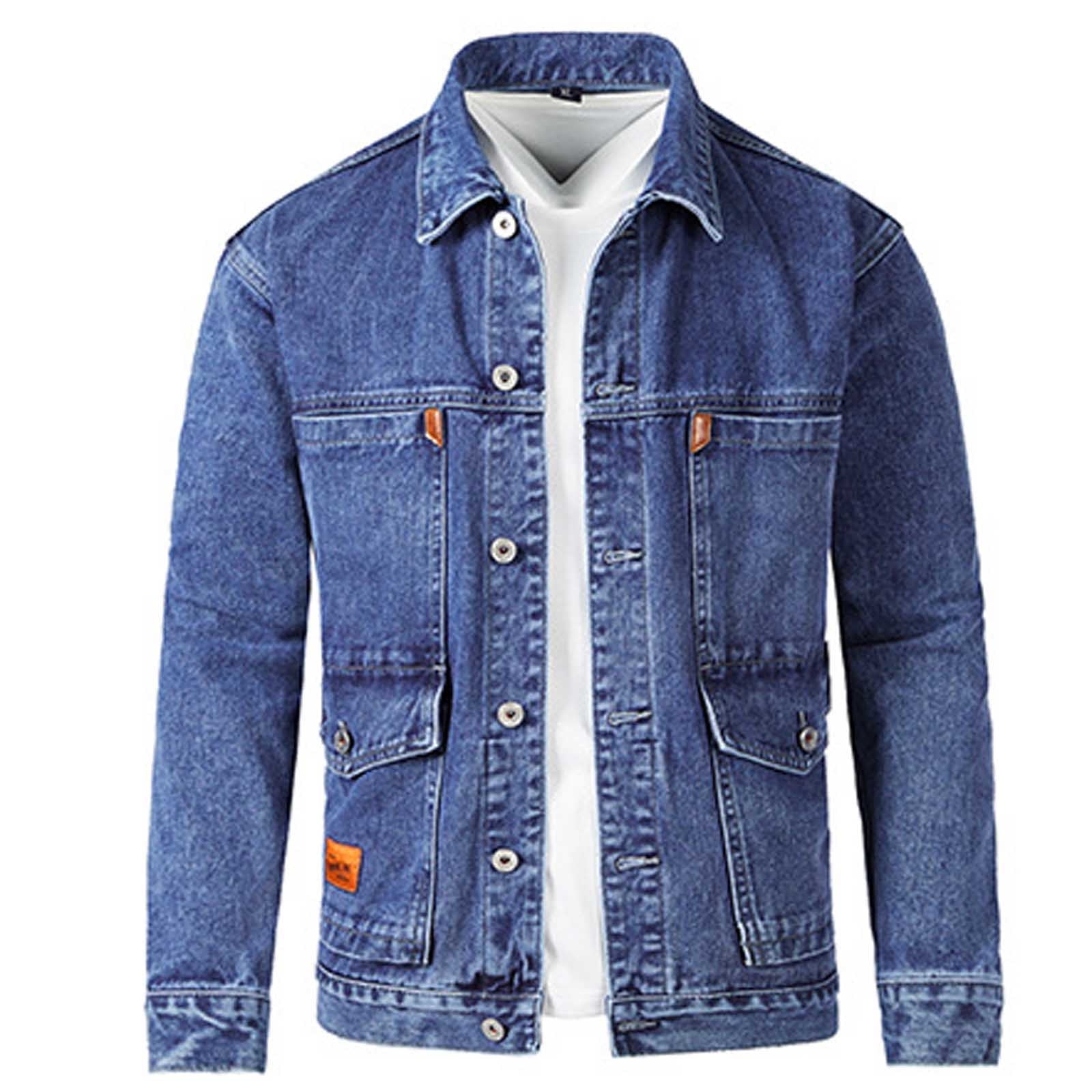 BZGTZT Jean Jacket for Men Casual Workwear Long Sleeve Lapel Collar Jacket Loose Denim Coat with Multi Pockets