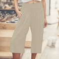 thumbnail image 2 of Pantalones capri casuales con cintura elástica y efecto lino para mujer - Pantalones deportivos de color liso con tejido crepé lavado para un uso diario cómodo, 2 of 5