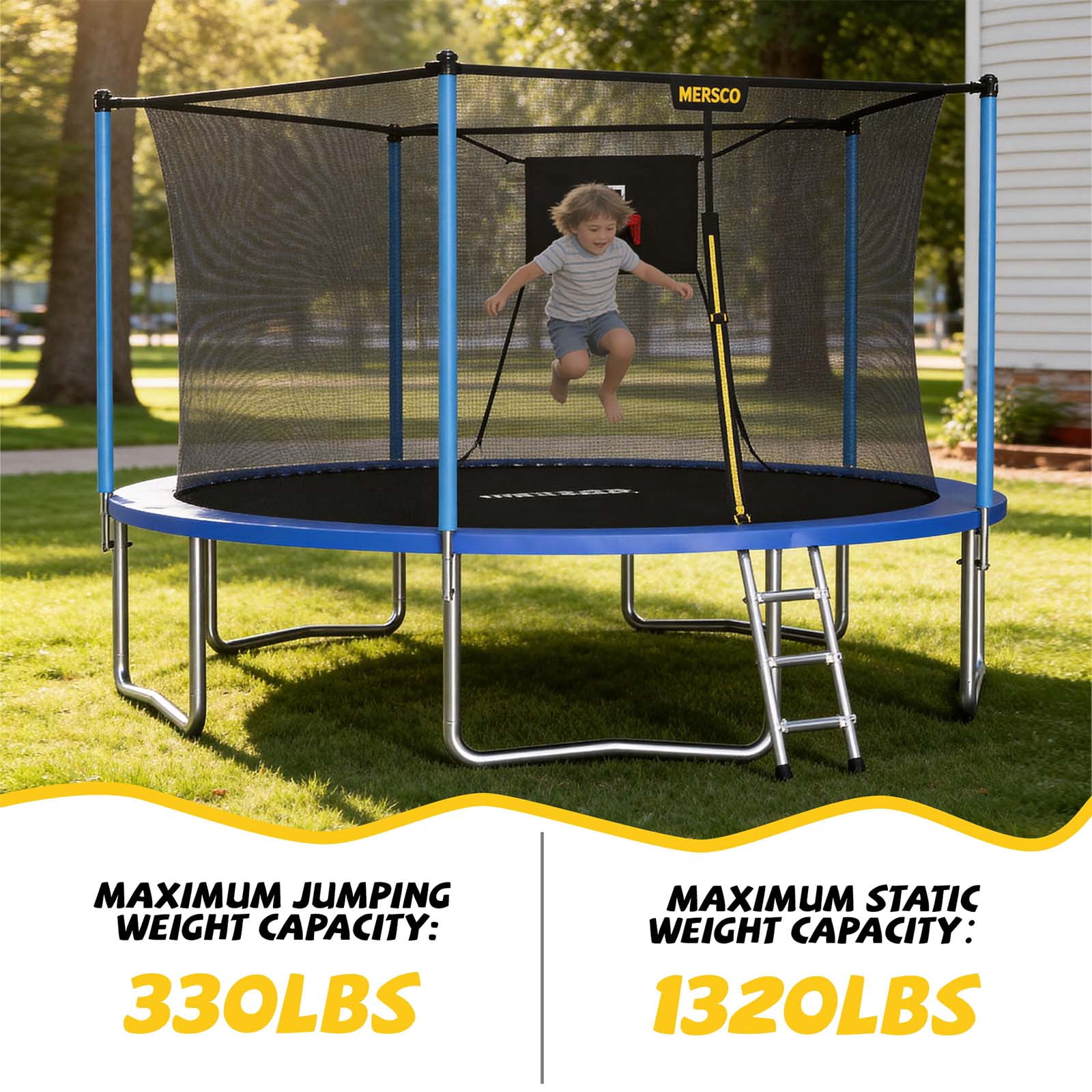 Mersco 14ft Trampoline Upgraded for Kids and Adults, Backyard Trampoline with Basketball Hoop and Enclosure Net,Jumping Trampoline PLAY for Boys and Girls Birthday Gift, Blue