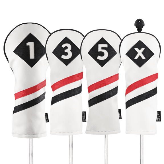 Majek Retro Golf Headcovers White Red and Black Vintage Leather Style 1 3 5 X Driver Fairway and Hybrid Head Covers Fits 460cc Drivers Classic Look
