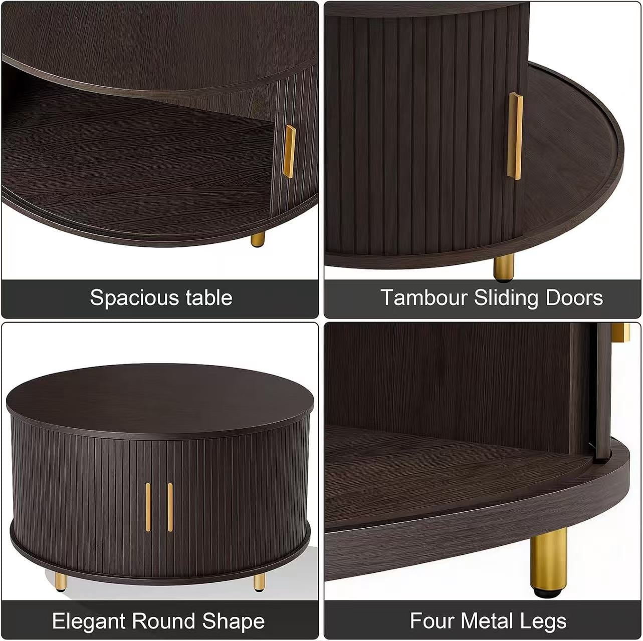 Aisword Round Coffee Table with 360° Sliding Door and Storage in Brown