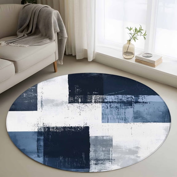 Round Area Rug 3ft, Modern Art Navy Blue White Color Block Non-Slip Non-Shedding Floor Mat, Modern Abstract Painting Washable Sturdy Carpet for Living Room Bedroom Home Decor