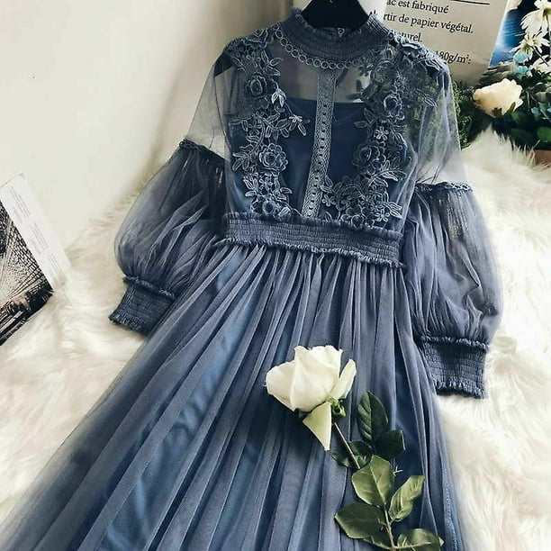 Vestido floral de encaje de mujer Malla Lolita Ahueca hacia fuera Ver a través de Hada de manga larga