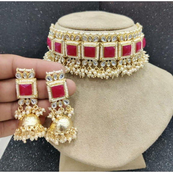 Ruby Red Kundan Choker Necklace Set with Pearl Jhumka Earrings – Traditional Indian Bridal Jewelry