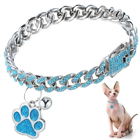 Hillban Cat Collar Diamond Chain Glitter Collar Walking Metal with Secure Buckle Cat Pet Necklace with Paw Charm and ID Tag Bell Link Cuban Jewelry Accessories(8 Inch Silver Lake Blue)