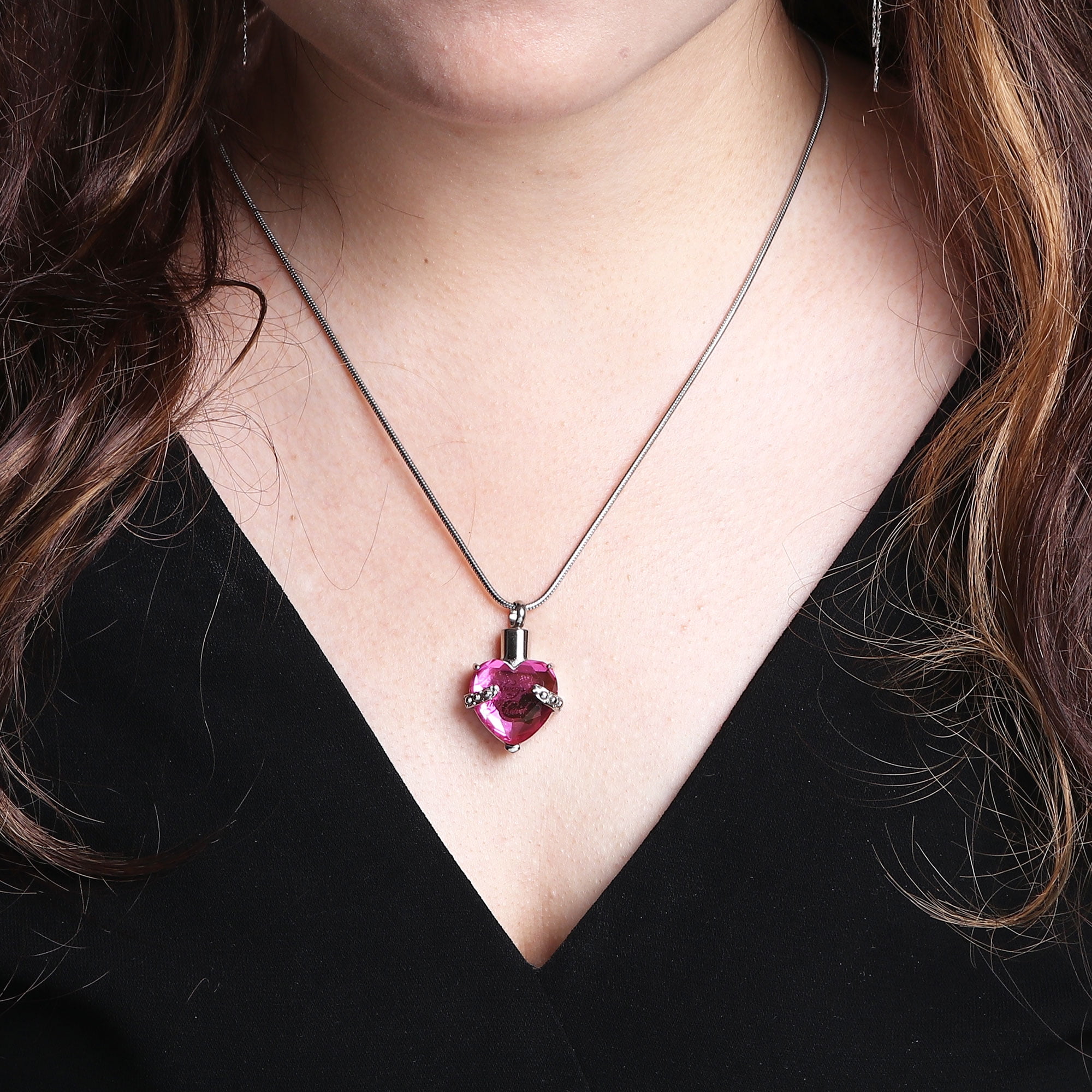 Anavia Rhinestone Heart Cremation Necklace, Stainless Steel, 20" + 2" Snake Chain, Purple (Women's)