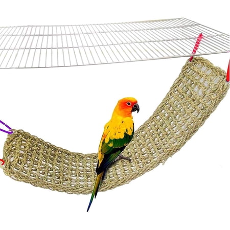 Bird Seagrass Mat,Natural Grass Woven Net Hammock Hanging on Parrot Cage with 4 Hooks,Parakeet Climbing Rope Ladder Chew Toys for Lovebird Cockatiel Conure Budgie,Cockatoo Supplies 28.3" x 6.7"