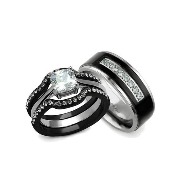 Her and His 4pc Black and Silver Stainless Steel and Titanium Wedding Ring Band Set Size Women's 10 Men's 10