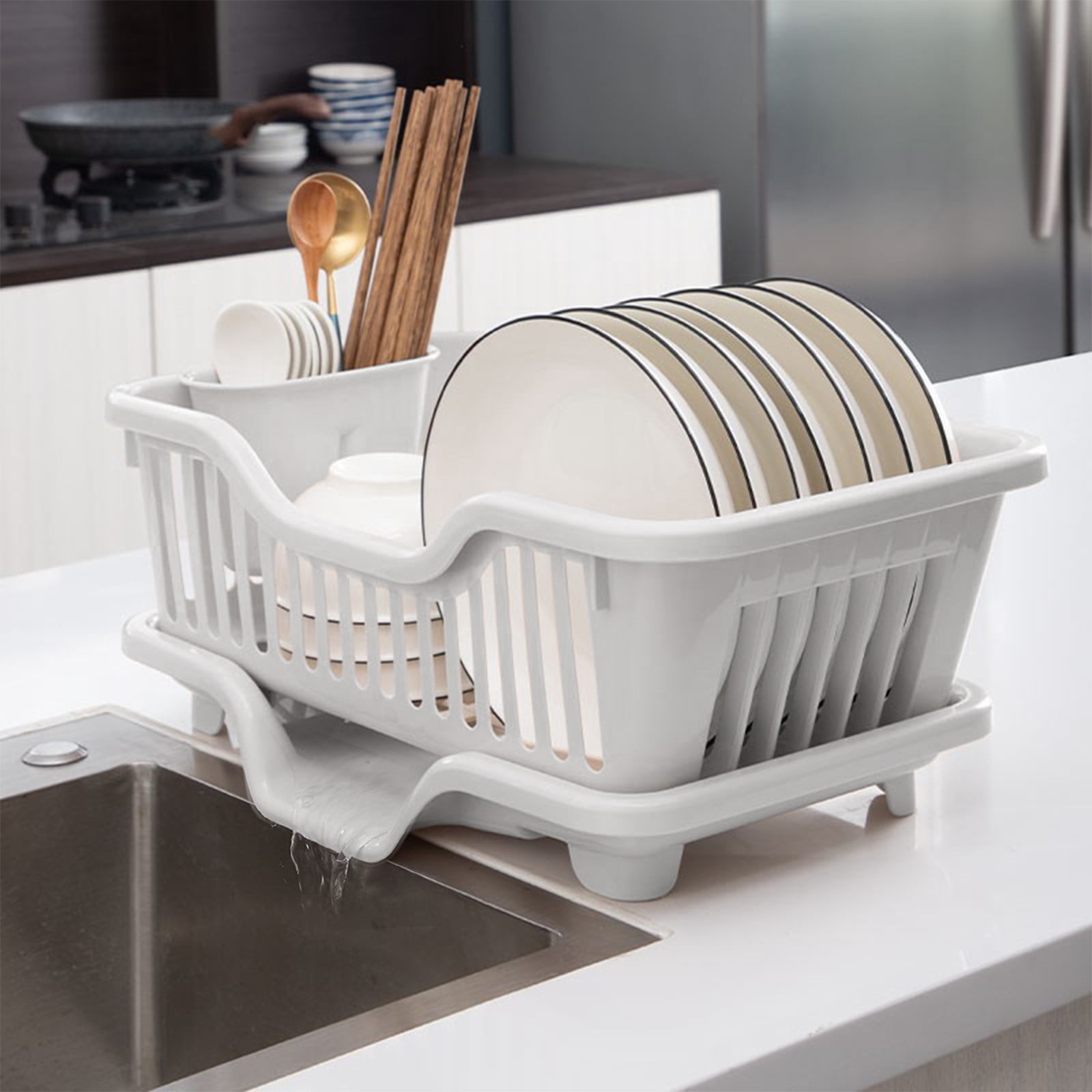Dish Drying Rack With Drainboard, Dish Drainers For Kitchen Counter With Sink Spout Dish Strainers With Utensil, 2-Piece Large Dishrack Set, Rust-Resistant With Removable Flatware Holder