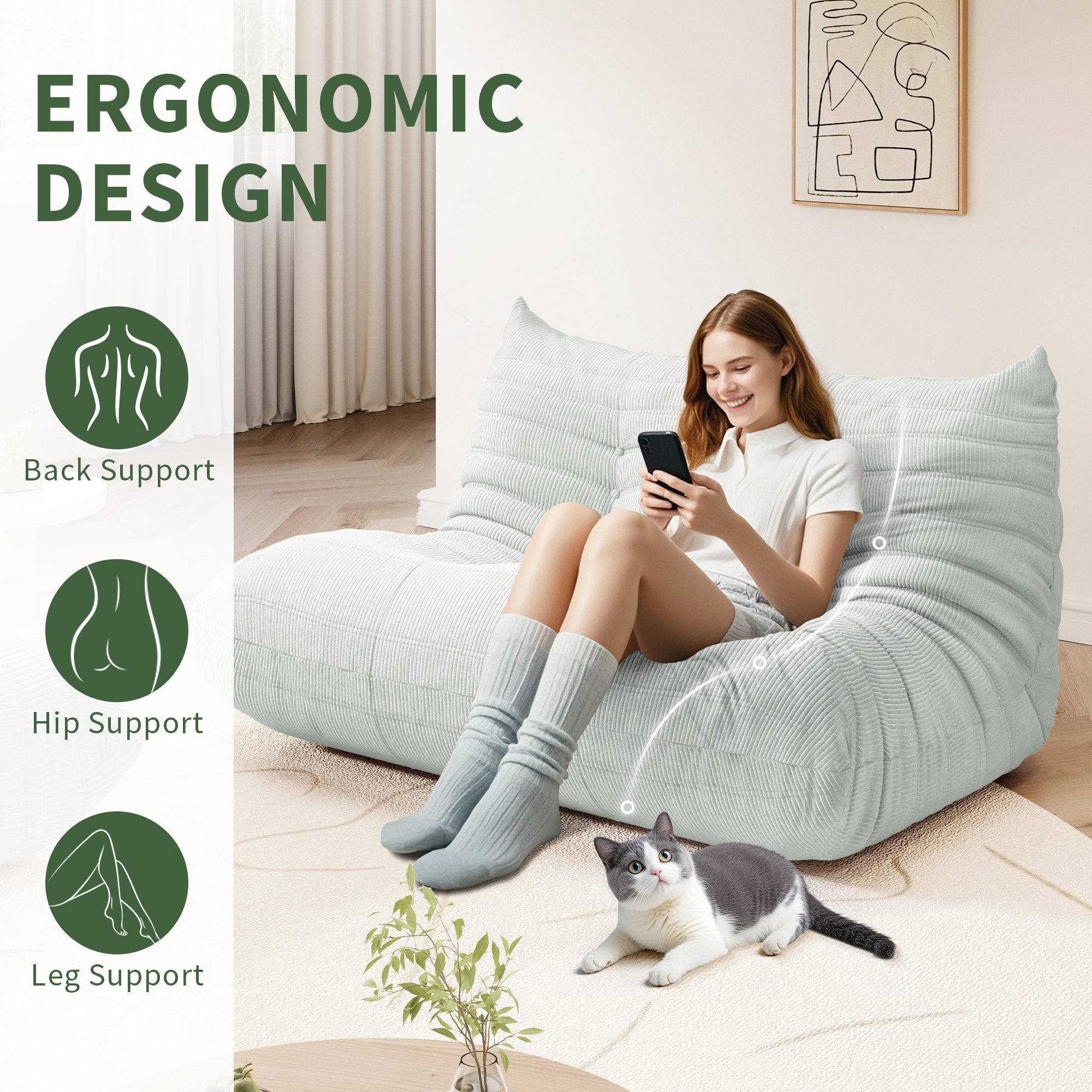 Gtilzria Lazy Sofa Comfortable Bean Bag Chair for Adults Floor Couch for Living Room, Bedroom, Corduroy, Green