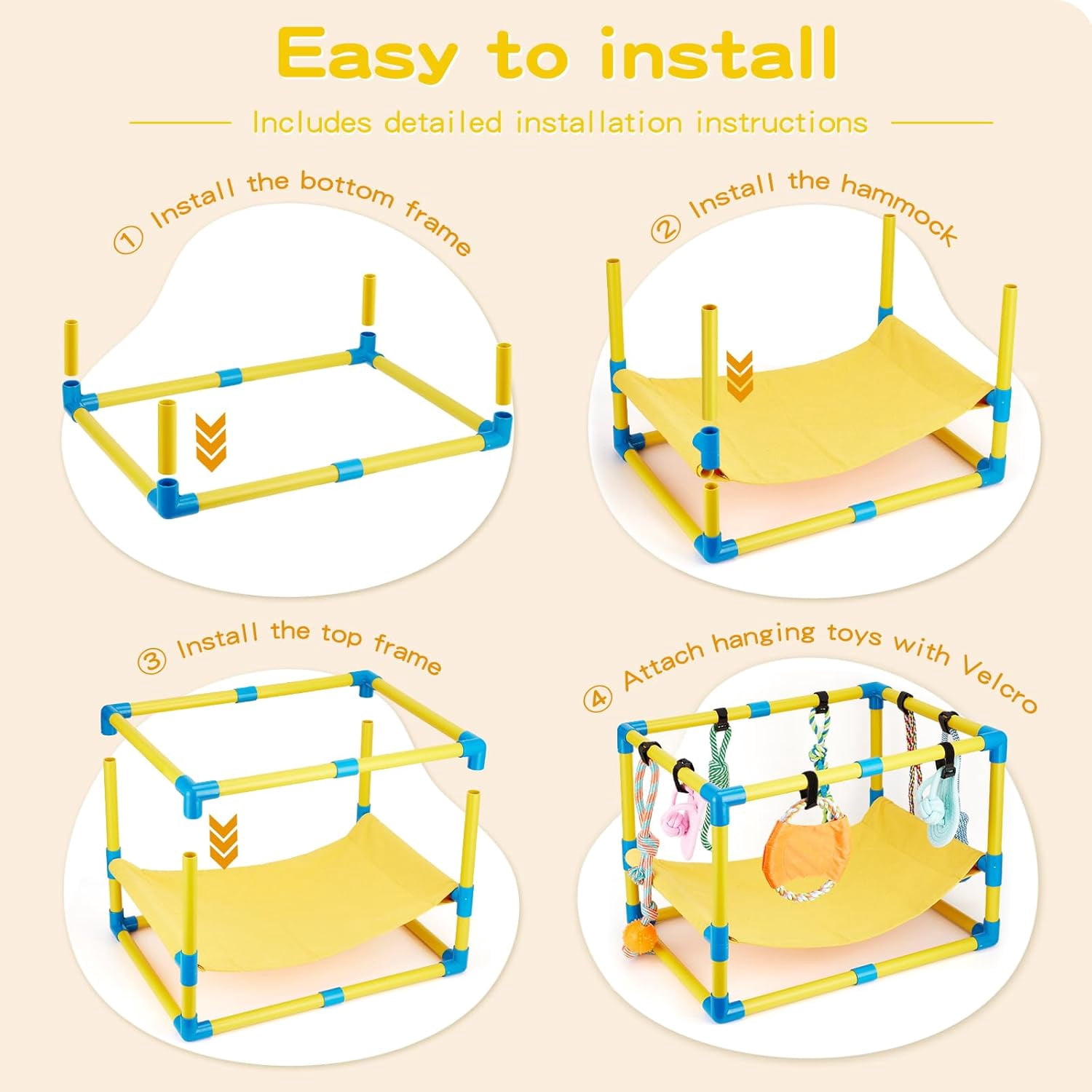 Flymer Puppy Play Gym with 8 Hanging Toys, Jungle Playground Gym for Small Dogs, PVC Frame with Hammock and Funny Enrichment Toys (23x17x17in)