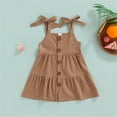 thumbnail image 2 of Coerni Girls Bow Strap Causal Beach Dress Summer Baggy Button Down Suspender Dresses Vintage Coffee Color Flowy Dress, 2 of 7