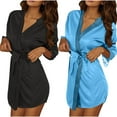 thumbnail image 3 of Feancey 2PC Womens Kimono Bathrobe Long Sleeve Lightweight Silk Robes Knee Length Casual Satin Short Robe Belted Nightgowns Blue Free Size, 3 of 10