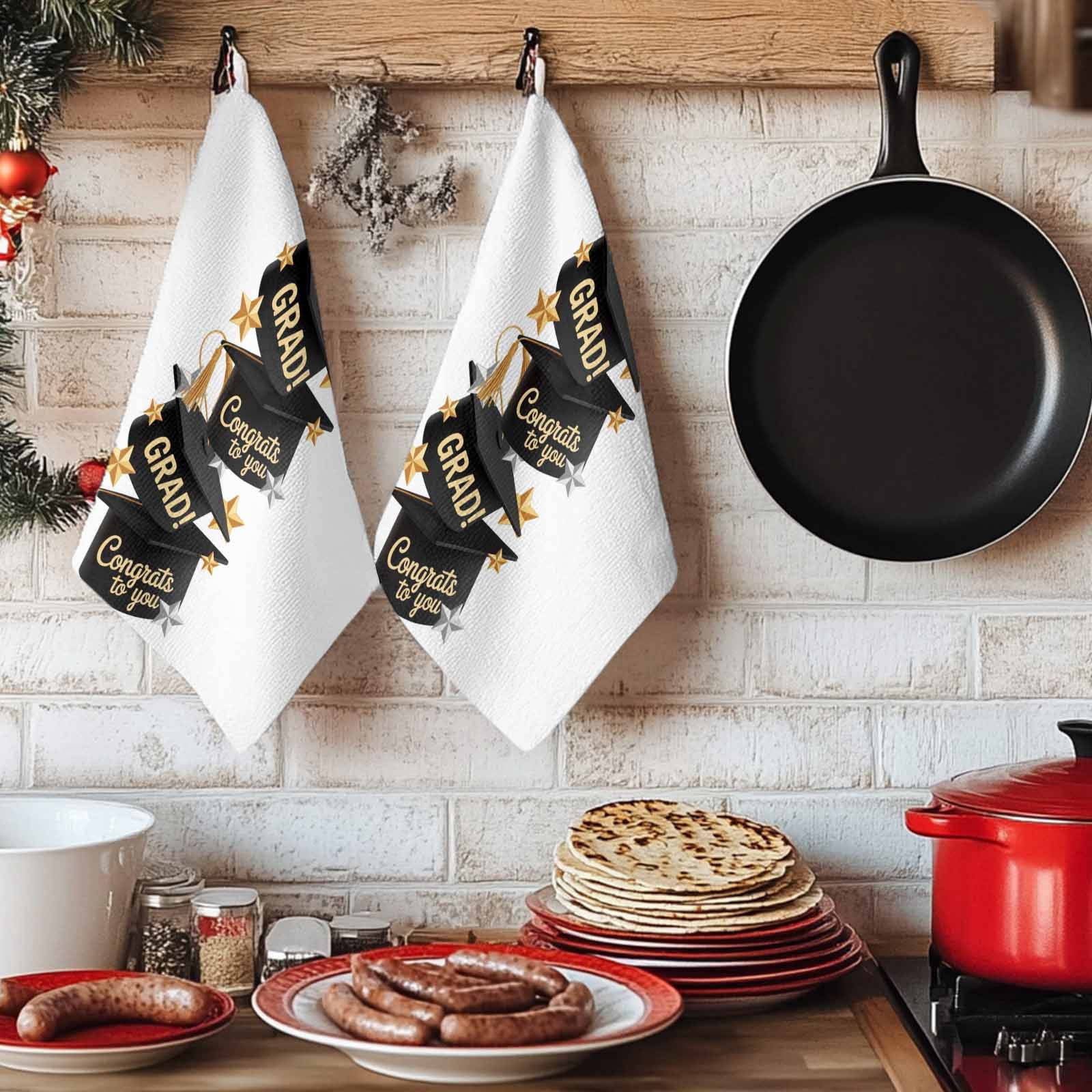 Graduate Kitchen Towels Set of 2, Funny Words Modern Art Absorbent Dish Towels for Kitchen, Microfiber Hand Towel, Quick Drying Tea Towel for Cleaning Decorative Dishcloths
