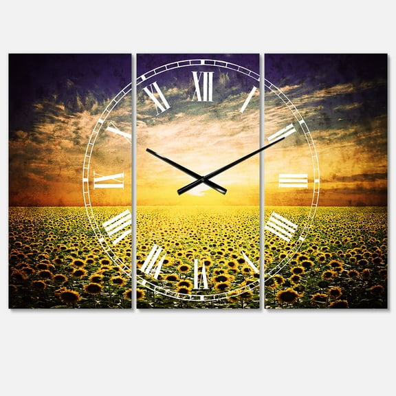 Designart 'Beauty Sunset over Sunflowers Field' Traditional Wall Clock
