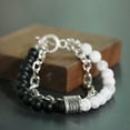 thumbnail image 3 of EOEMY Natural Stone Beaded Men Womens Stainless Steel Rolo Cable Link Chain Bracelet-Black+White Turquoise, 3 of 5