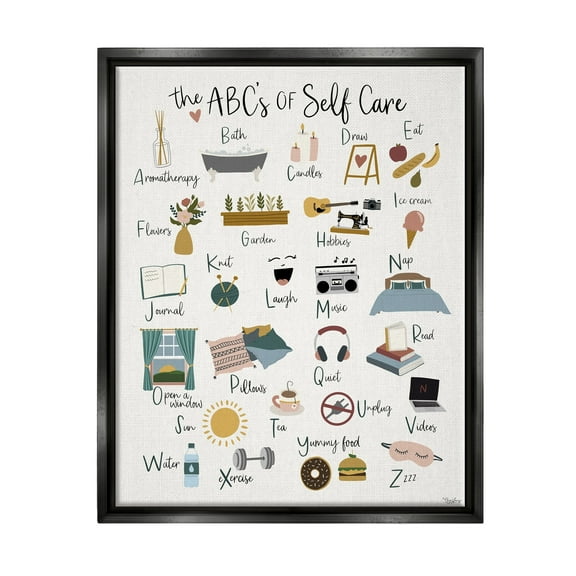 Stupell Industries ABC's of Self Care Adult Relaxation Alphabet Luster Gray Framed Floating Canvas Wall Art, 24x30, by Gigi Louise