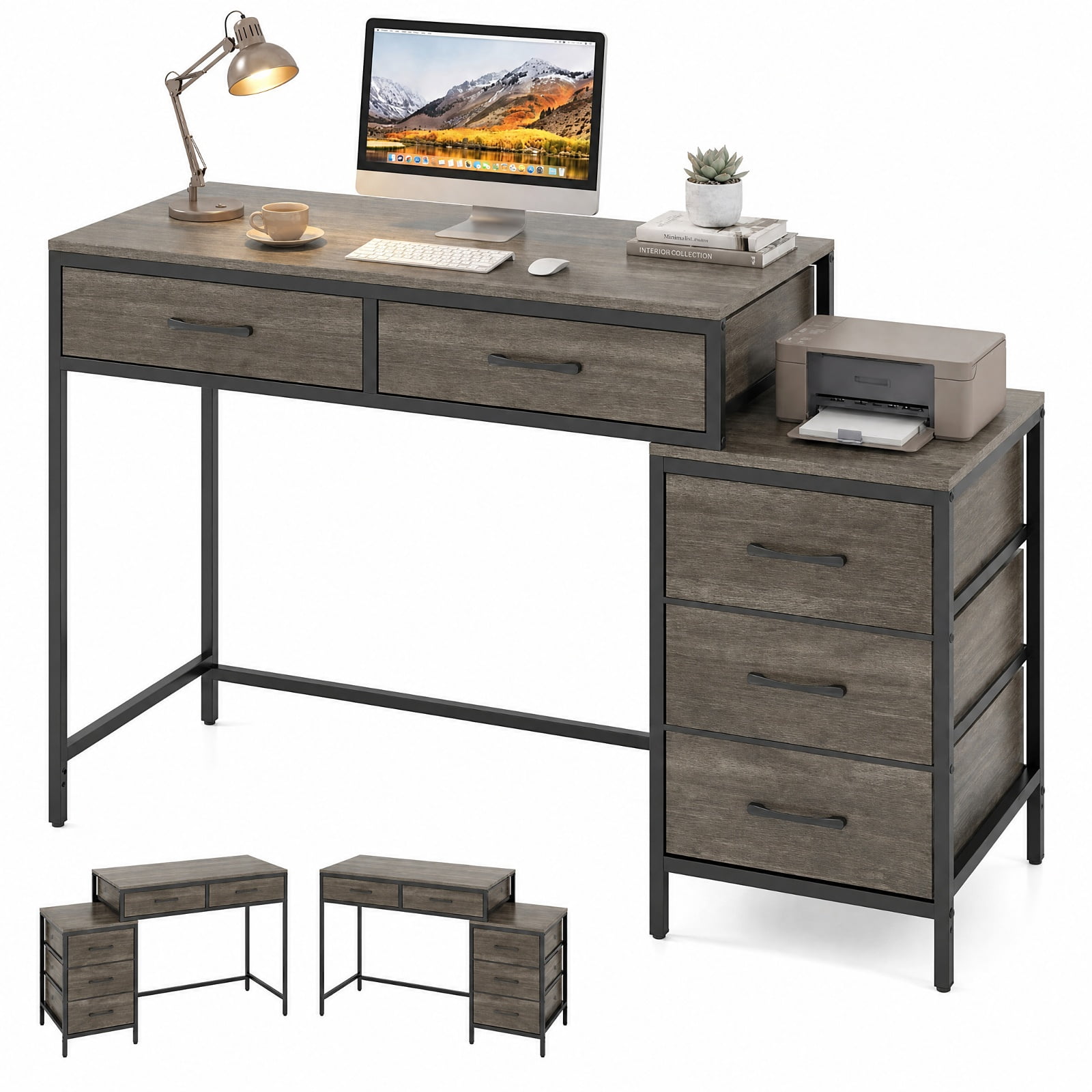 Furnibear Computer Desk with 5 Drawers and Printer Stand for Bedroom and Small Spaces for Home Office Study Computer Writing Workstation, Oak