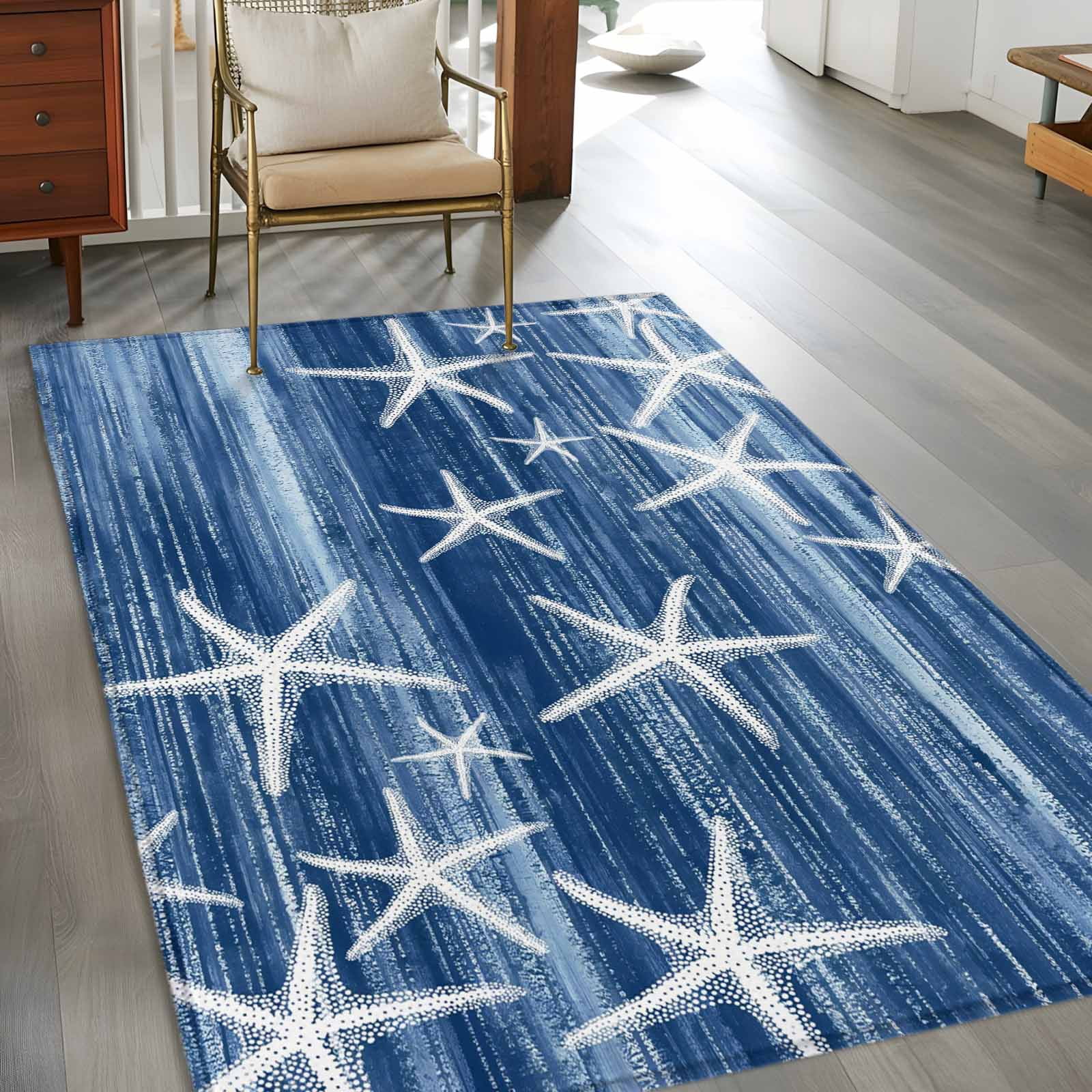 Navy Blue Coastal Area Rugs 3'x5', Washable Small Throw Rugs for Living Room Bedroom, Summer Ocean Waves Ombre Sea Starfish Indoor Outdoor Rug Non-Slip Low Pile Carpet Runner Reversible Floor Mats