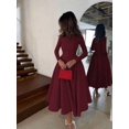 thumbnail image 6 of Burgundy Long Sleeve Pleated Midi Dress, Elegant A-Line Swing Party Formal, 6 of 10