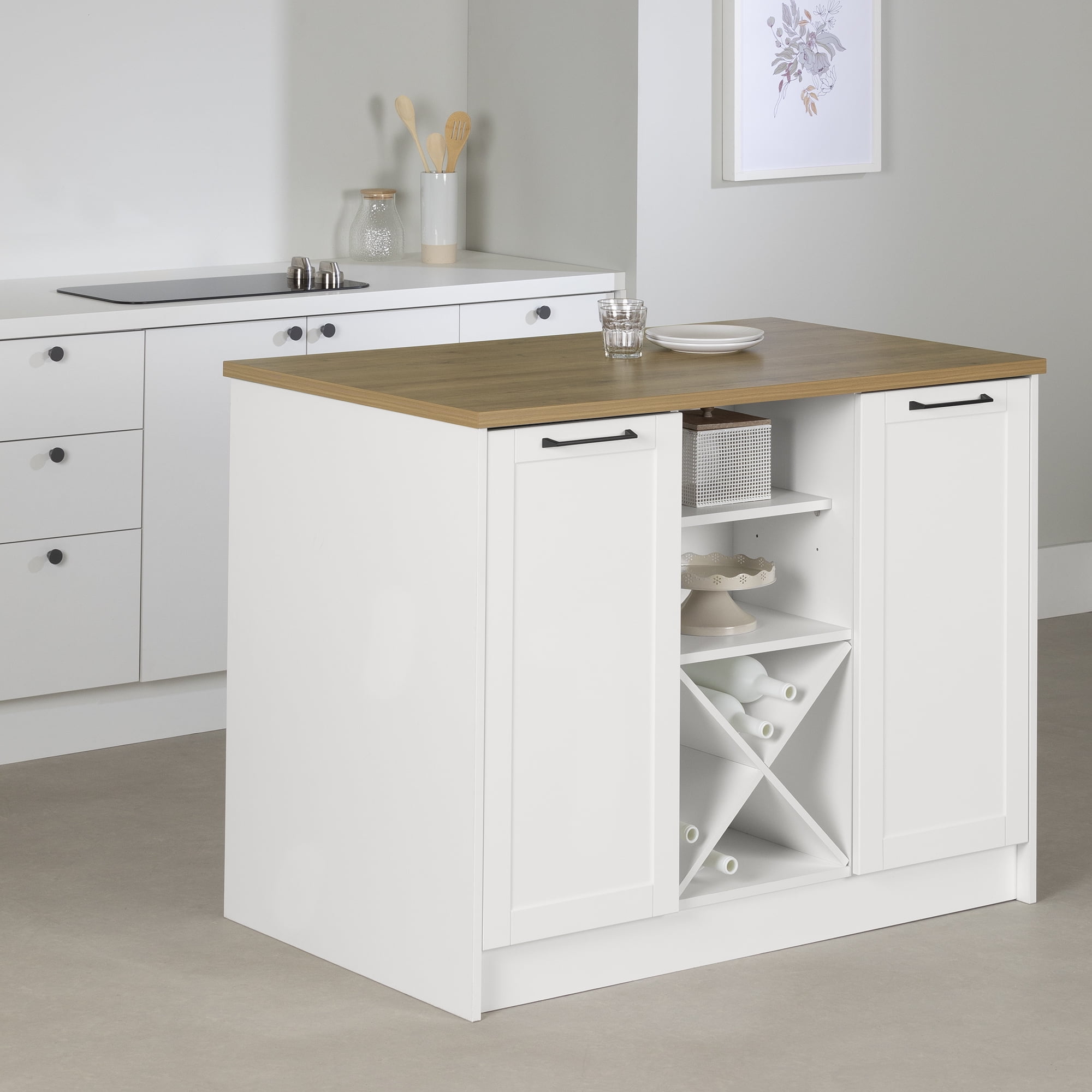 South Shore Toscano 6-Drawer Kitchen Island with Doors and Wine Storage, in White and Maple Nutmeg