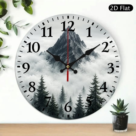 Patifu Round Wooden Wall Clock Mountain Peak Clouds Pine Forest Print Silent Sweep Movement 10x10in