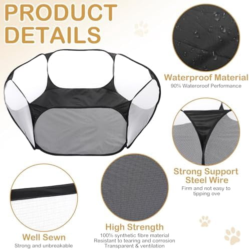 Hamster Playpen with Mat Small Animal Cage Tent Breathable Transparent Guinea Pig Playpen Waterproof Portable Yard Fence Mat Foldable Exercise Playpen Outdoor Indoor (Black,Star)