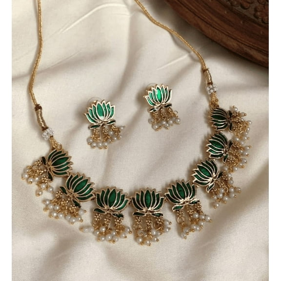 Gold-Plated Green Lotus Pearl Drop Necklace Set – Traditional Enamel Jewelry for Women