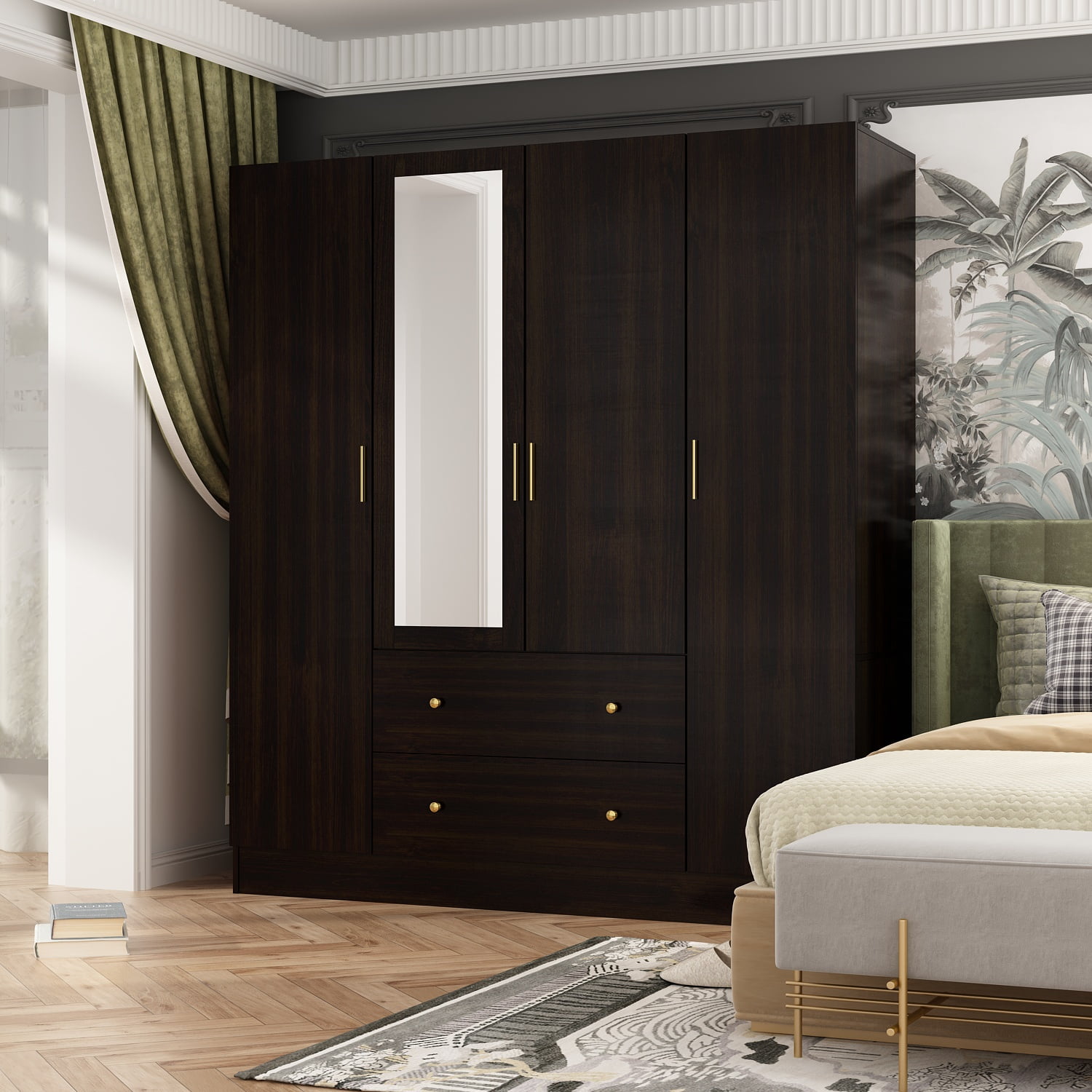 WIAWG Modern Mirrored Armoire Closet for Bedroom, 4 Door Wardrobe with Hanging Rods, Drawers and Shelves, Brown