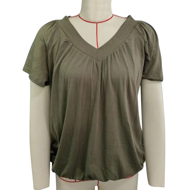 Blusa plisada de manga corta Blusa plisada con escote en V de color liso para mujer Lady Dating OD Verde M